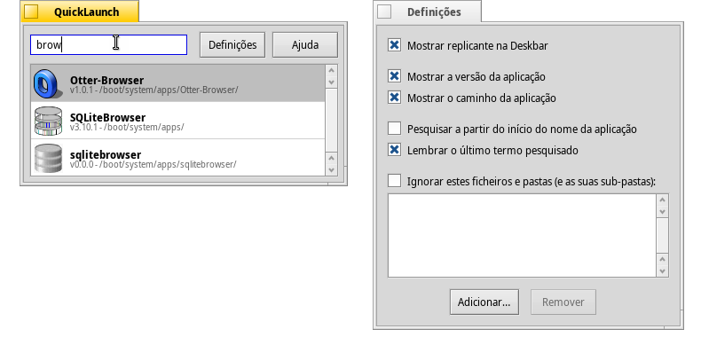 Quicklaunch - main window and settings window translated to Portuguese