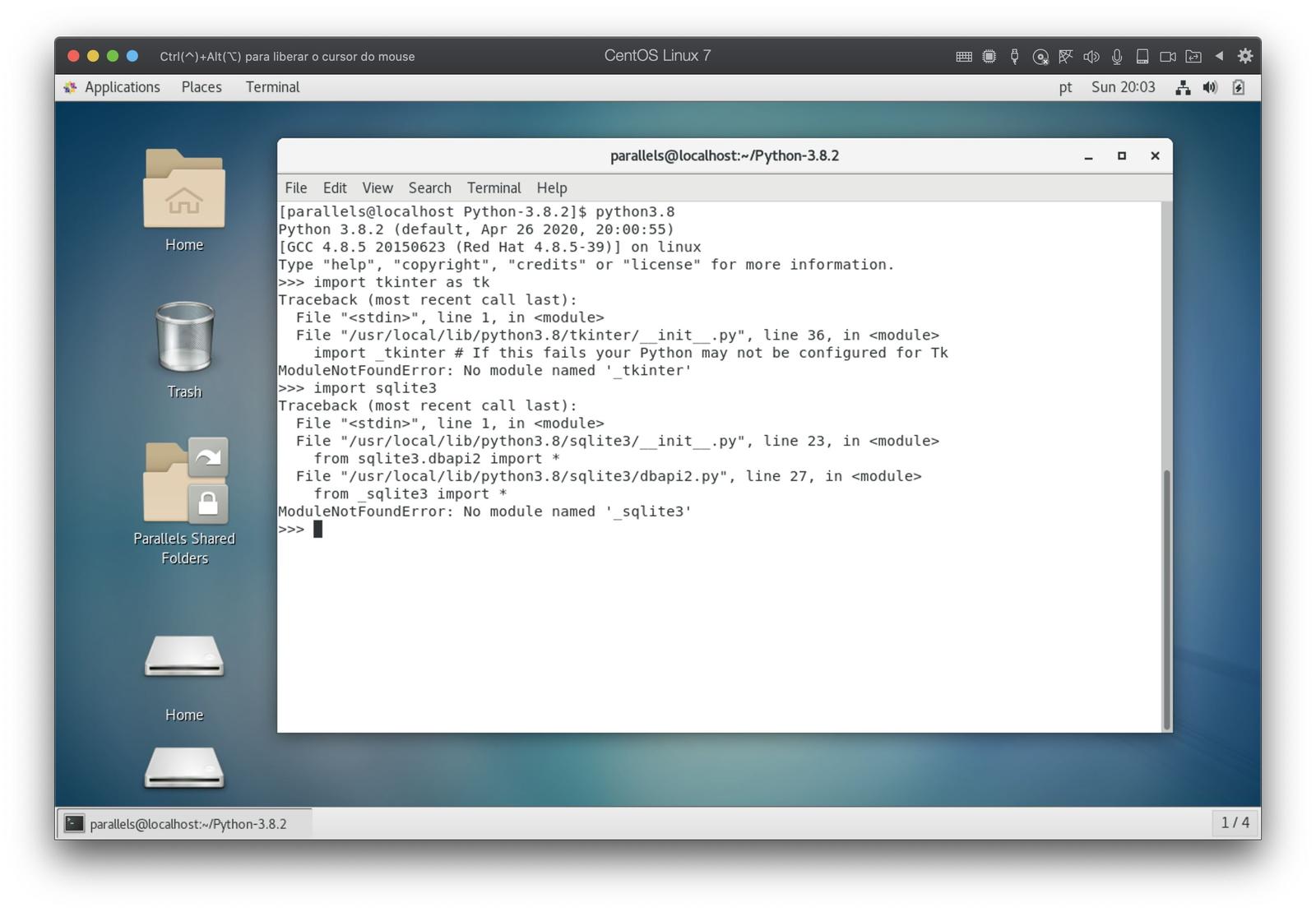 Installing Python 3.8 on CentOS Linux 7 - missing modules: Tkinter and sqlite3