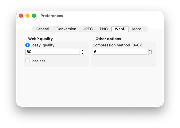 Settings window - WebP
